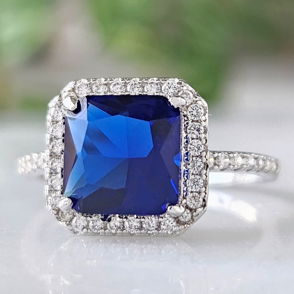 Cushion Cut Square Blue Sapphire ring, 925 Sterling Silver Charmed Aroma